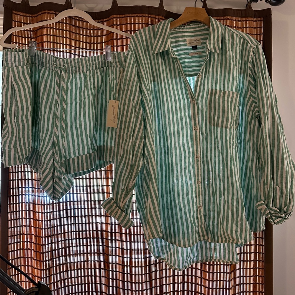 Green and White Striped Button-Up Shirt and Shorts Set - Picture 14 of 16